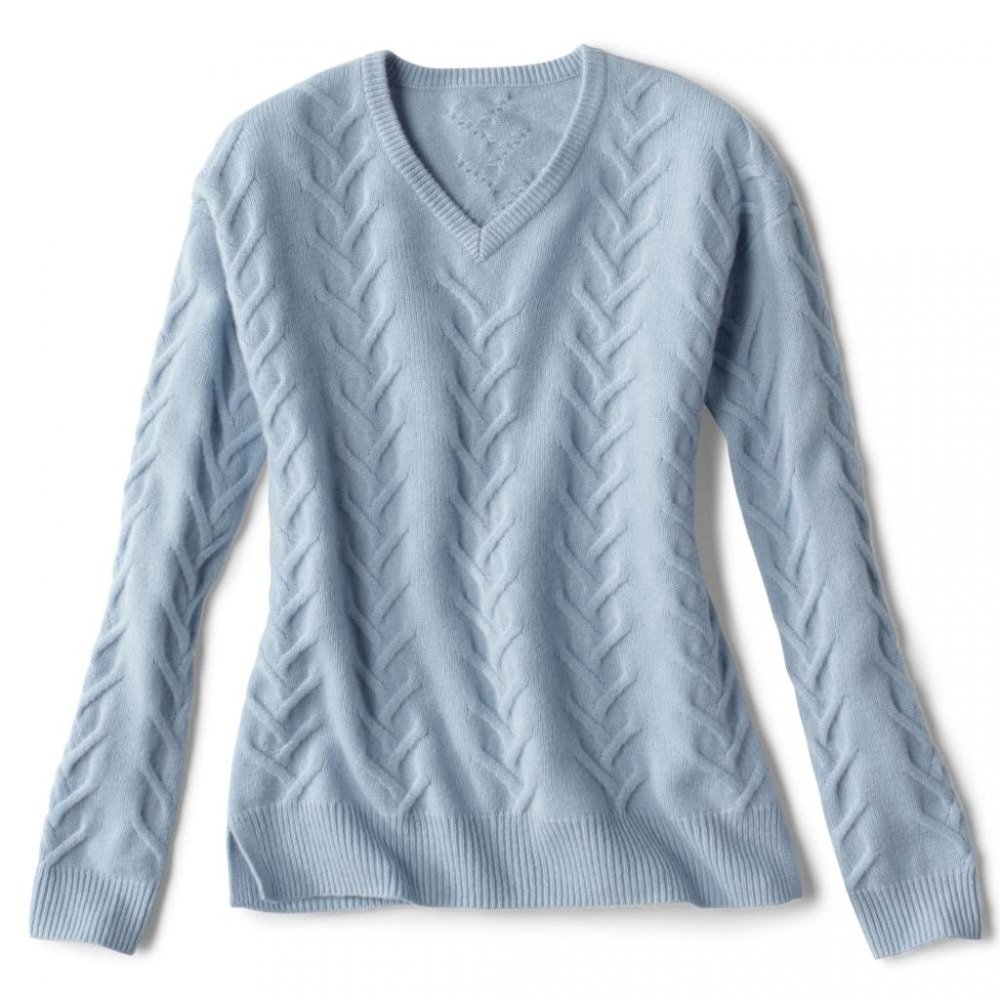 Orvis 100% Cashmere V-neck Cable-Knit Sweater NWT Medium Blue Fog